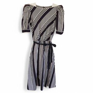 Vintage 1970s Brown & White Striped Midi Dress Puff Sleeves Elastic Waist Retro